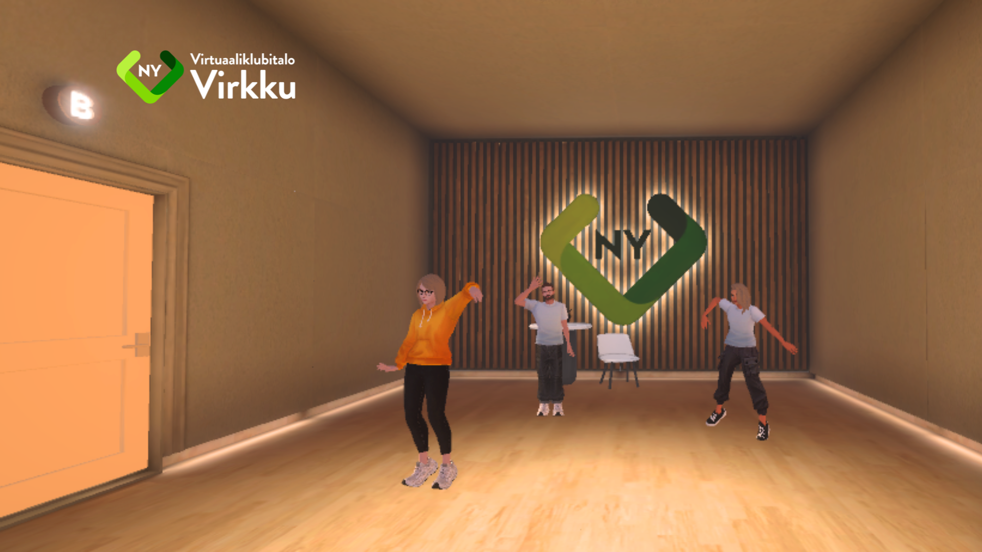 havainnekuva virtuaaliklubitalo Virkun sisältä jossa kolme avatar-hahmoa tanssii ja heiluttaa käsiä.