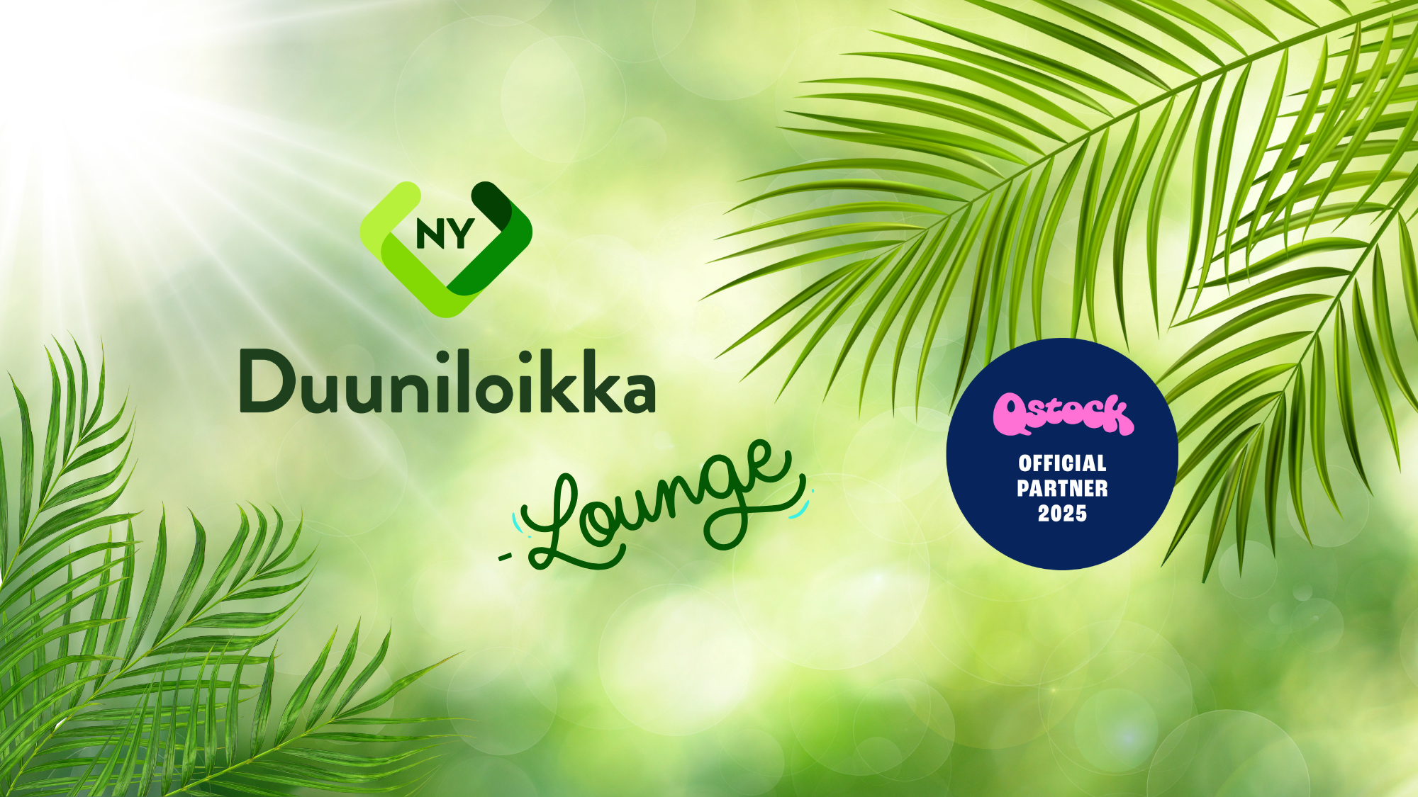 Auringonsäteitä ja palmun oksia, joiden keskellä on Duuniloikan logo ja lukee "Lounge". Sen vieressä on pallura, jonka sisällä lukee Qstock official partner 2025.