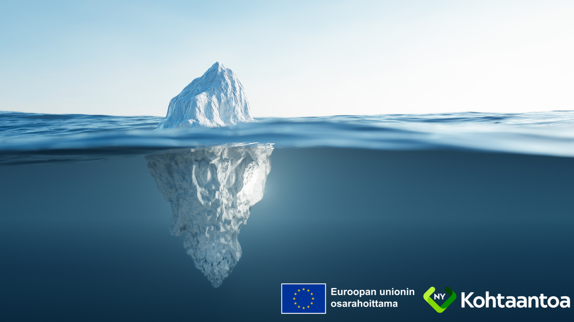 Meressä kelluva jäävuori. Vuoren huipusta noin yksi neljäsosa veden pinnan yläpuolella ja loput pinnan alla.