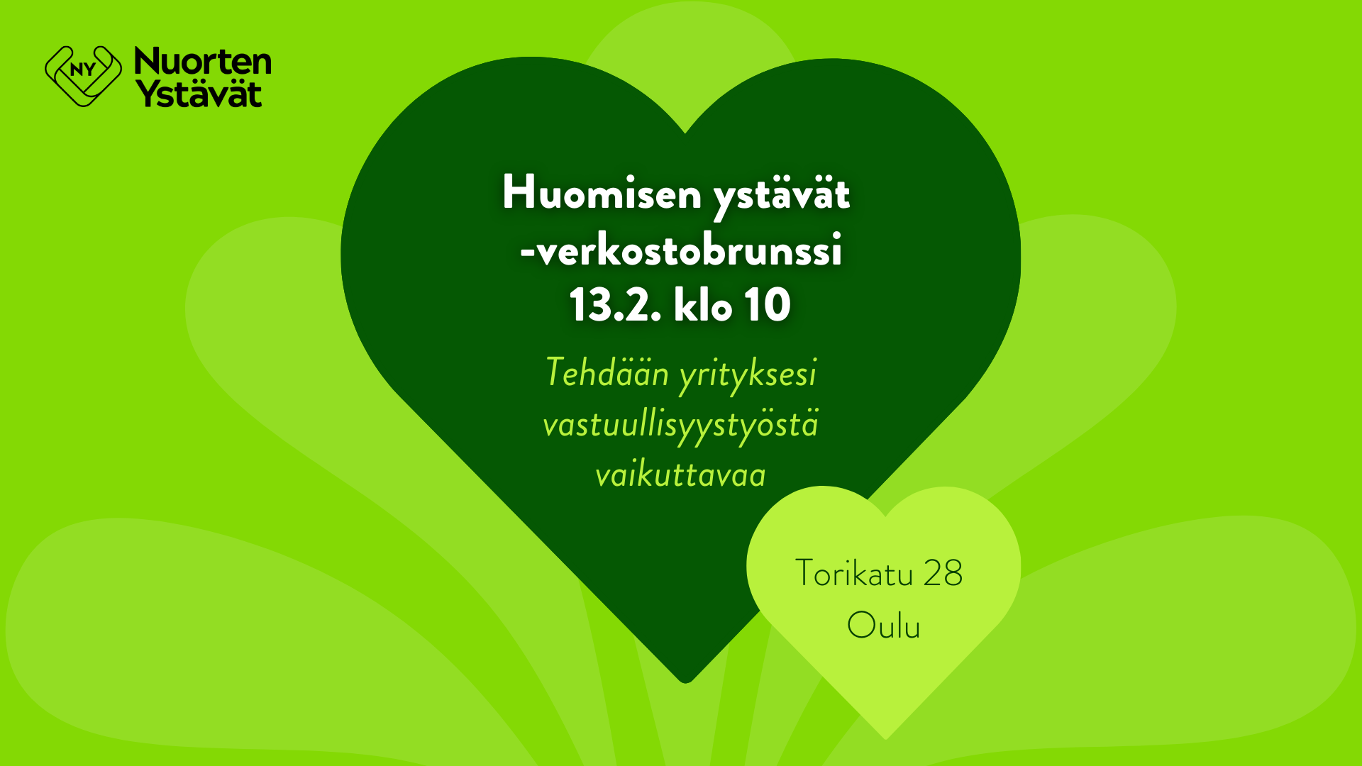 Sydänkuvio, jossa teksti: Huomisen ystävät -verkostobrunssi 13.2. klo 10.