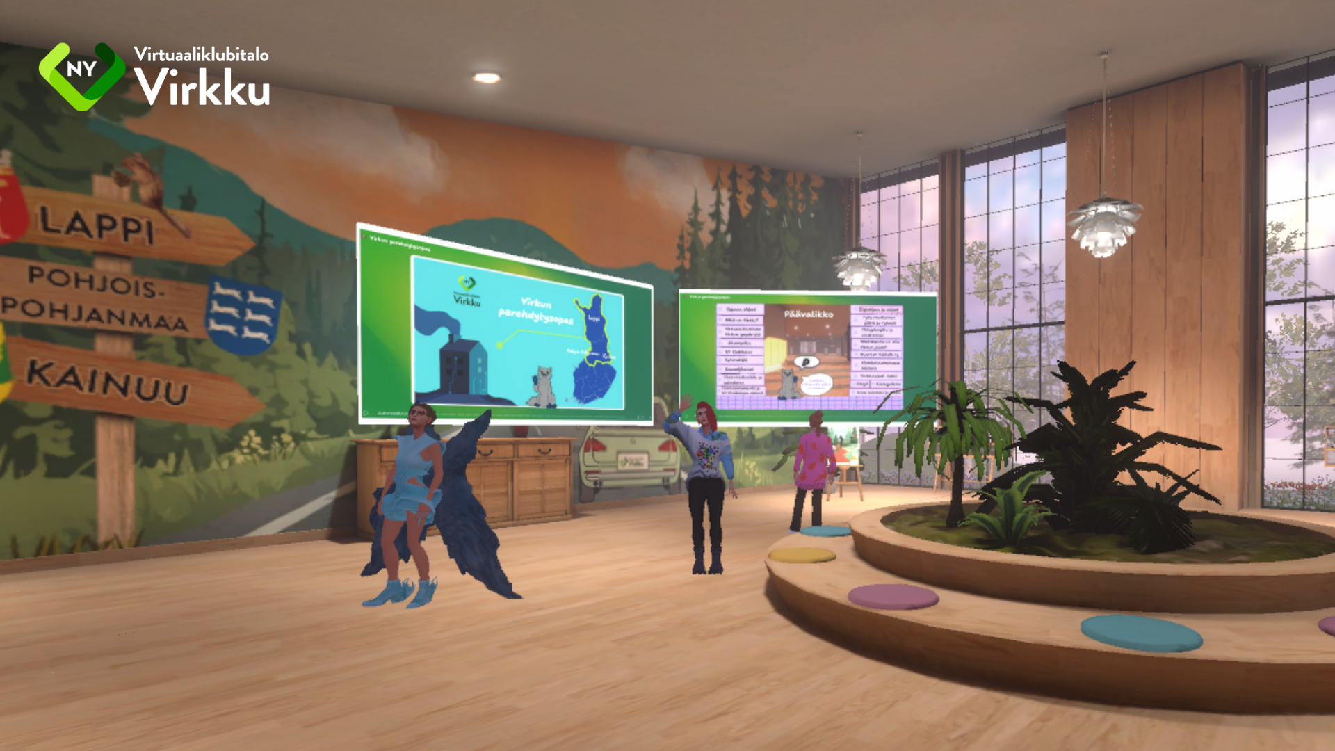 Virtuaaliklubitalossa kolme avatarta seisovat perehdytysoppaan edessä.