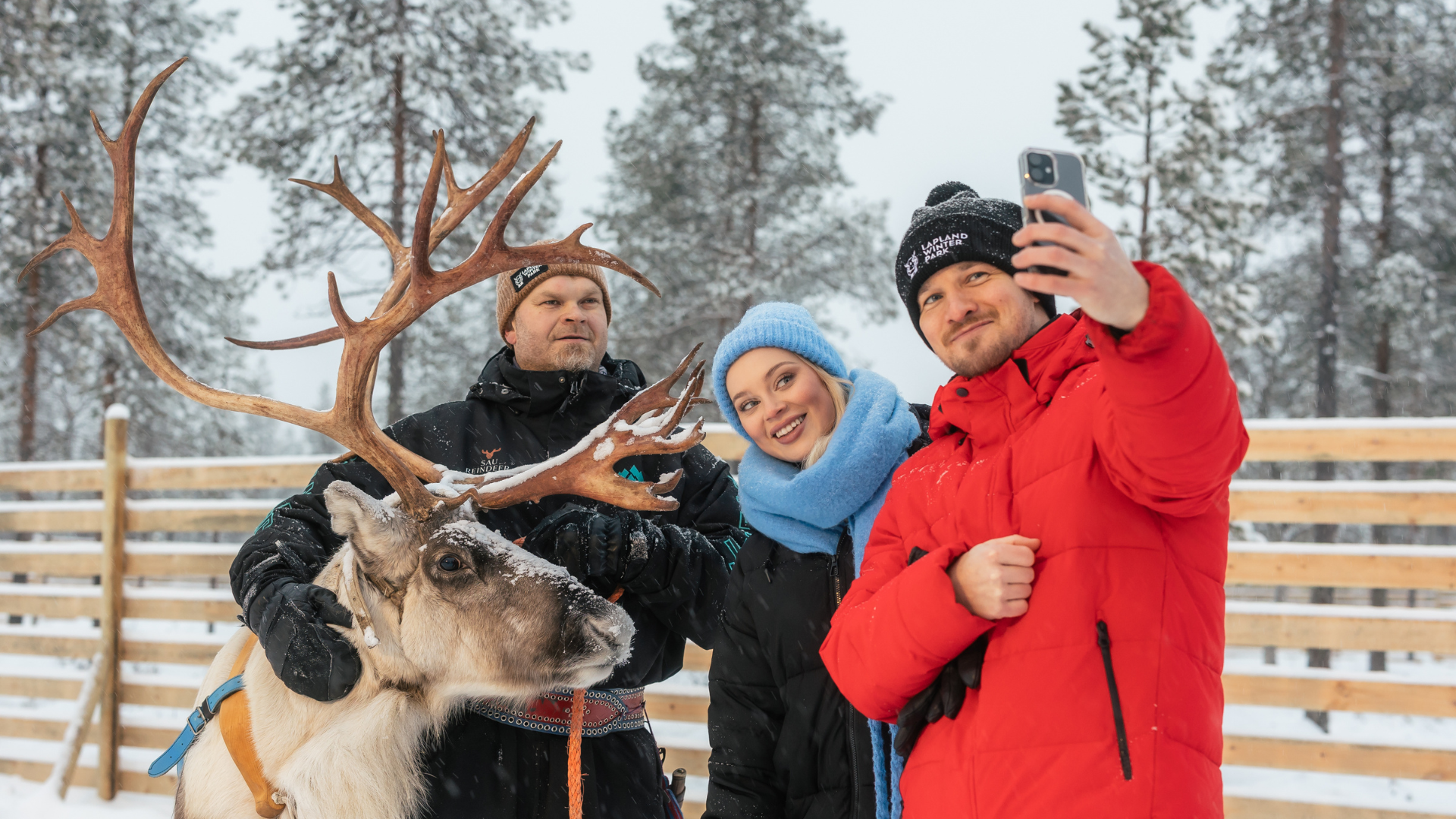 Kolme ihmistä ja poro Lapland Winter Park Resortissa. Three people and a reindeer in Lapland Winter Park Resort.