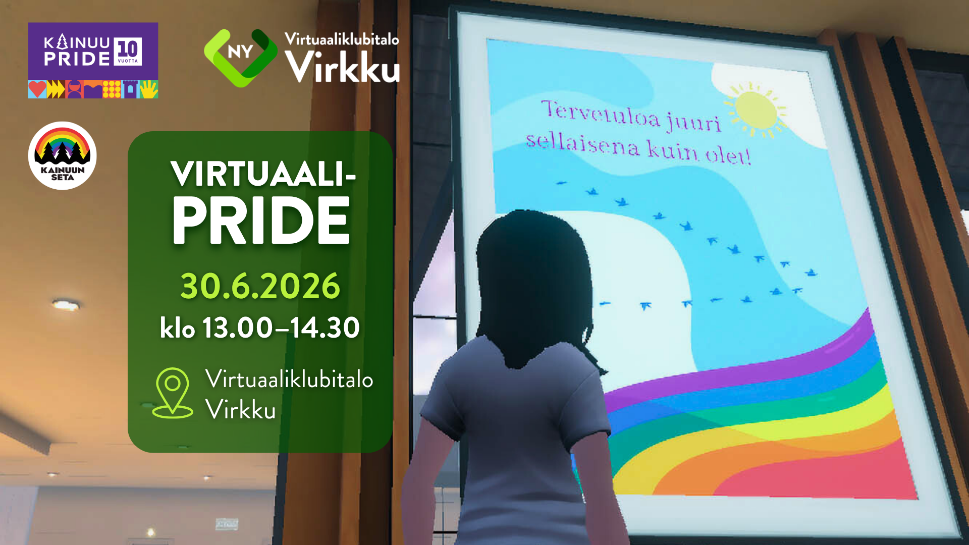 Kuvituskuva virtuaaliklubitalon sisätiloista, joissa avatar-hahmo katsoo taulua, missä lukee "tervetuloa sellaisena kuin olet."